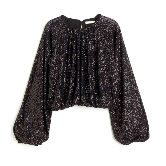 H&M‎ Black Bubble Hem Oversized Long Sleeve Crop Sequins Top NEW Size XS - Picture 1 of 15
